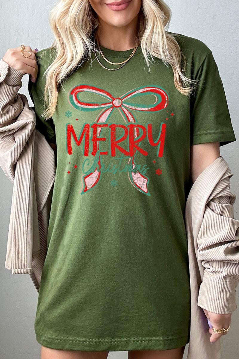 US3001P-E3197 Merry Christmas Bow Graphic Plus Tee $16