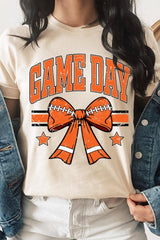 US3001-E3064 Orange Game Day Football Bow Graphic Tee $12.5