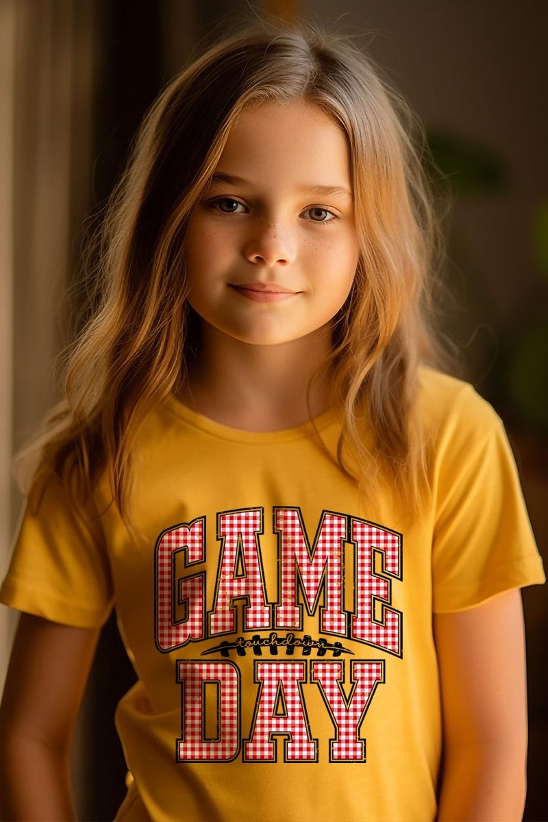 US3001Y-E3126Z Red Gingham Game Day Kids Graphic Tee $11