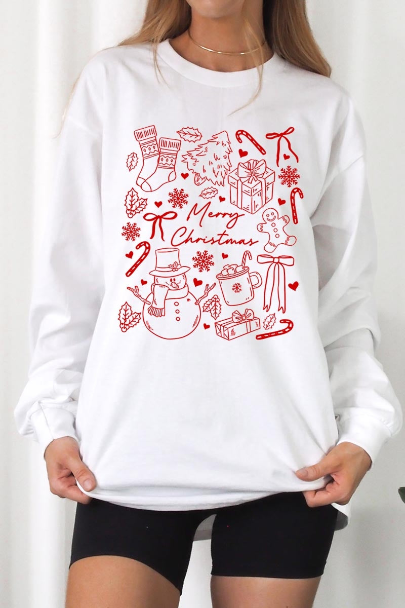 UL240P-E3181 Christmas Doodle Graphic Plus Long Sleeve Tee $17