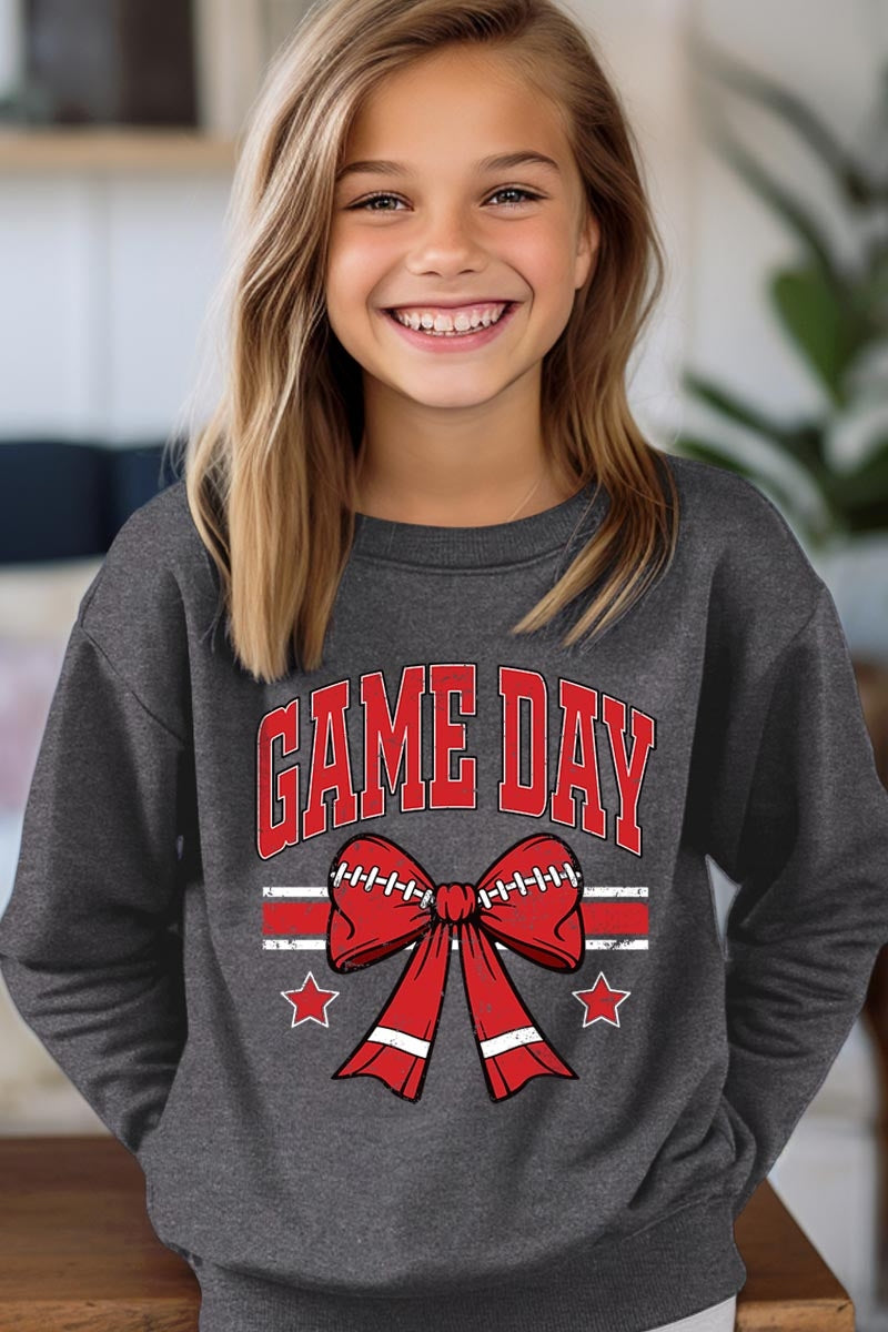 UL180B-E3062Z Red Game Day Football Bow Kids Graphic Sweatshirt $20