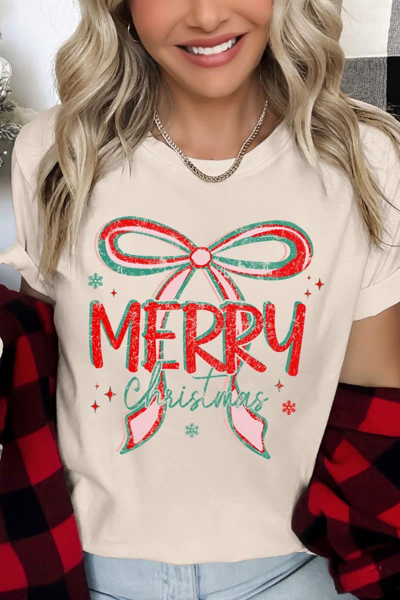 US3001-E3197 Merry Christmas Bow Graphic Tee $12.5