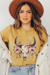 US3001-E3113 Western Skull Floral Graphic Tee $12.5