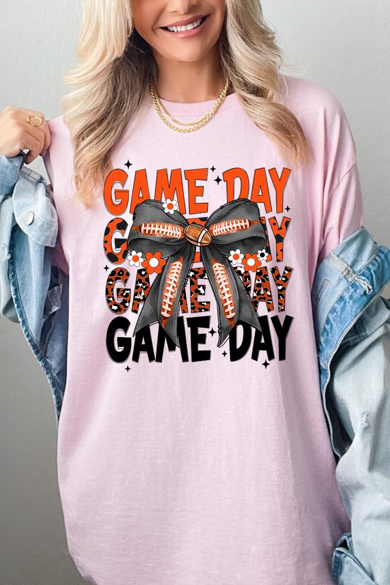 5000P-E3088 Orange Black Football Bow Plus Heavy Cotton Tee $12.75