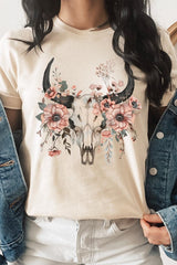 US3001-E3113 Western Skull Floral Graphic Tee $12.5