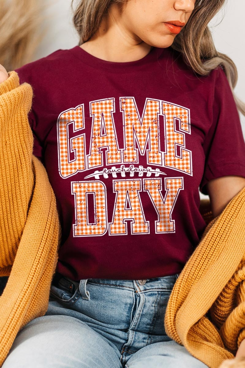 US3001P-E3129 Orange Gingham Game Day Graphic Plus Tee $16