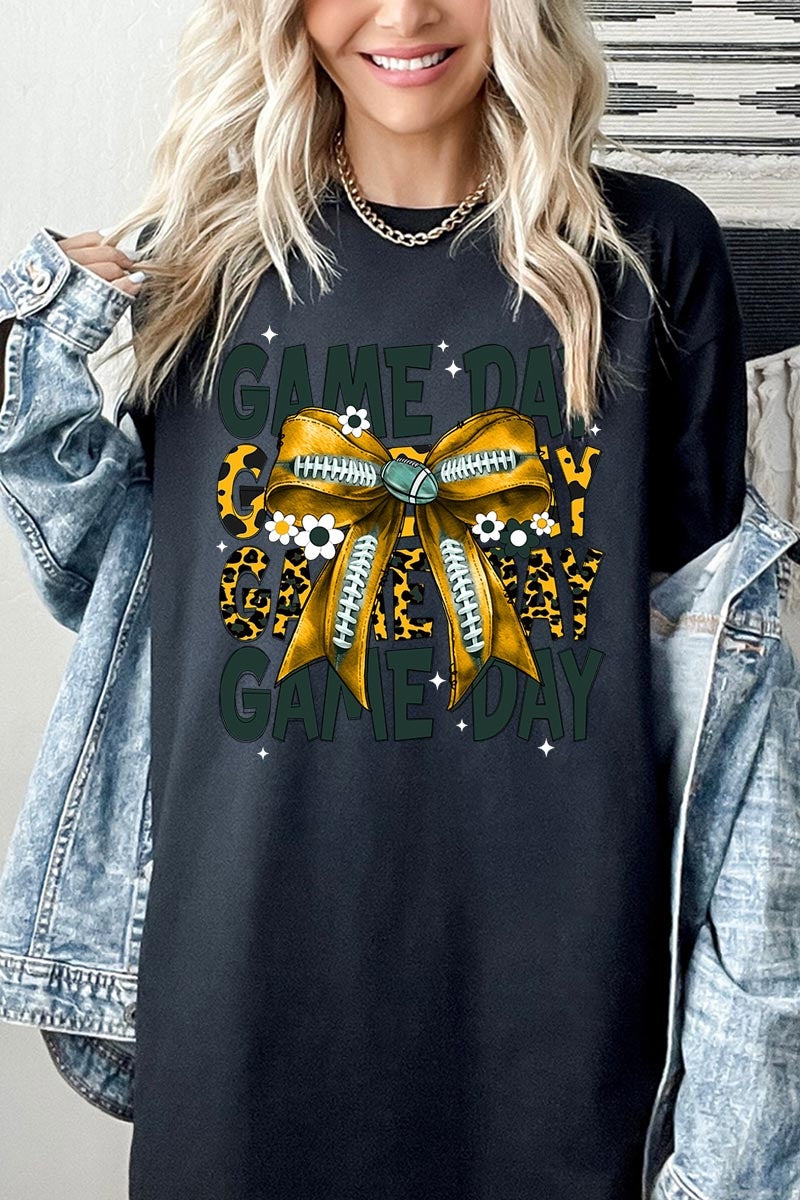 5000P-E3090 Yellow Football Game Day Bow Plus Heavy Cotton Tee $12.75