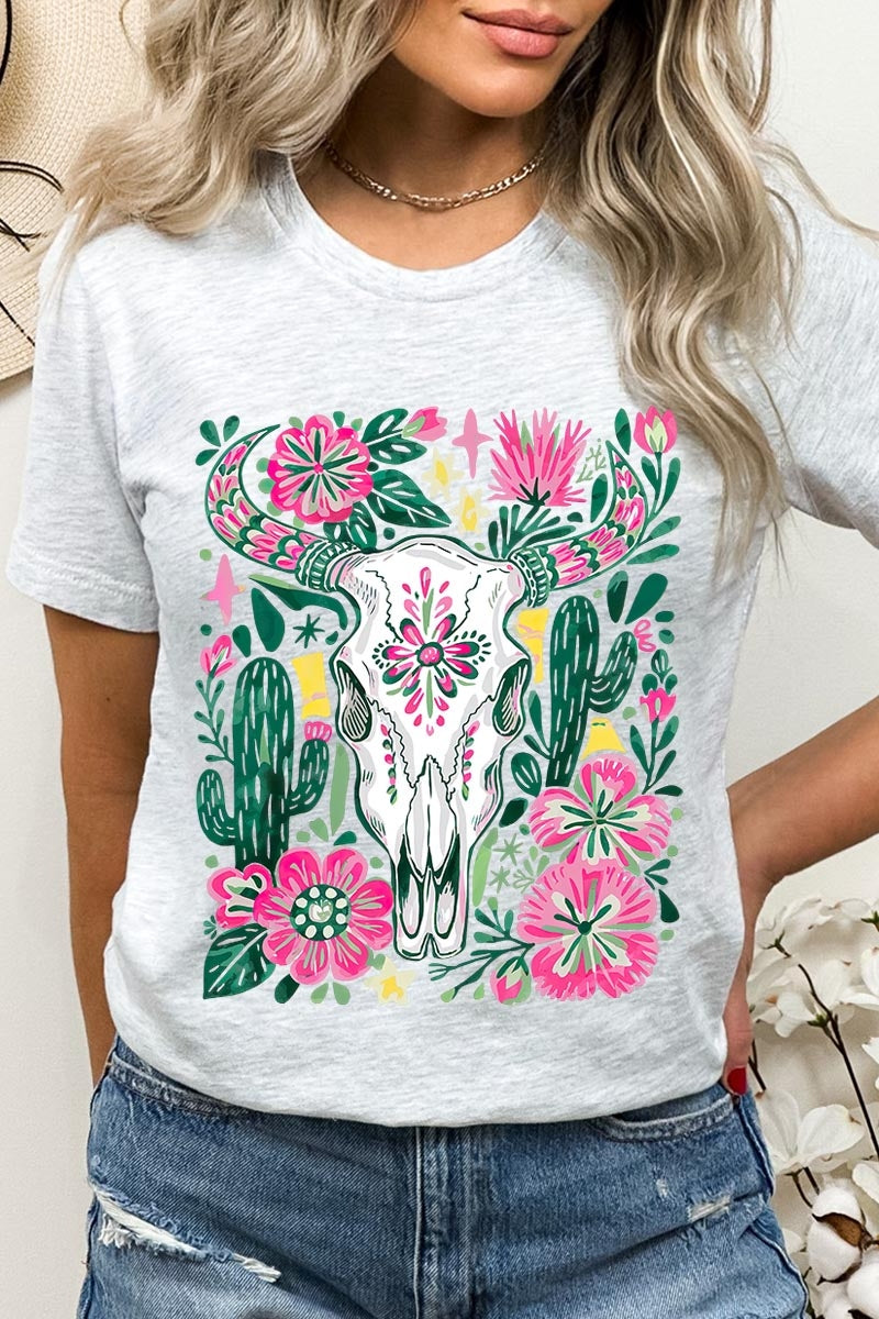 US3001P-E3086 Western Floral Cow Skull Graphic Plus Tee $16