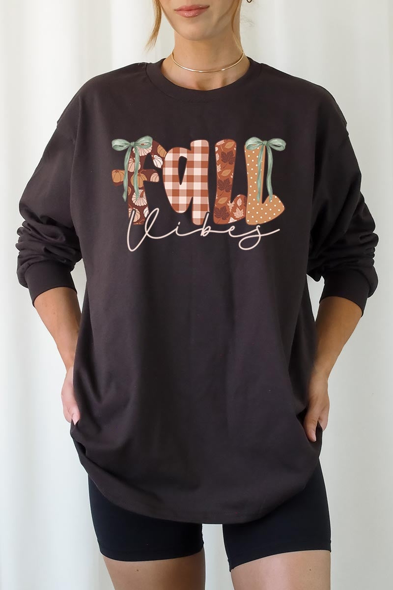 UL240-E3071 Fall Vibes Rustic Script Graphic Long Sleeve Tee $13.75