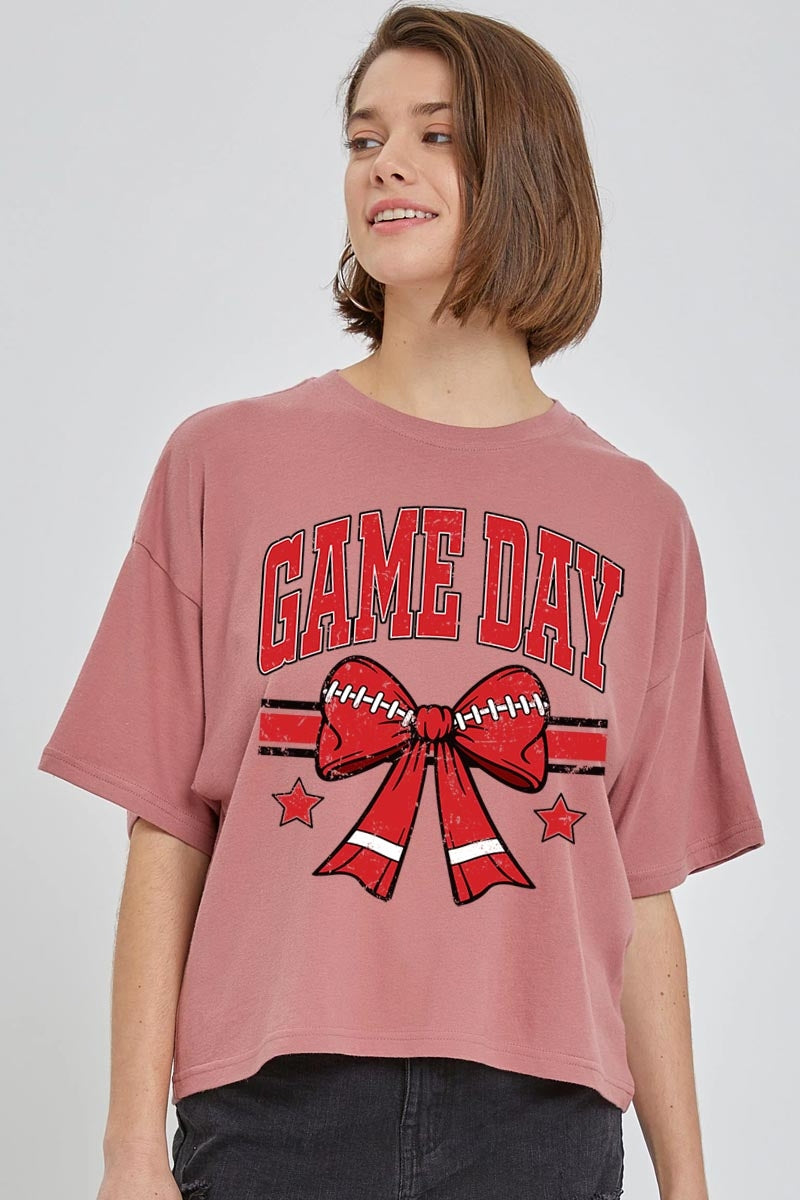 CTS-E3062 Red Game Day Football Bow Graphic Relaxed Crop Top $11