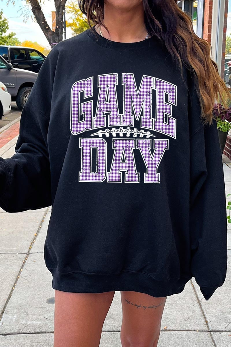 UL180-E3127 Purple Gingham Game Day Graphic Sweatshirt $20