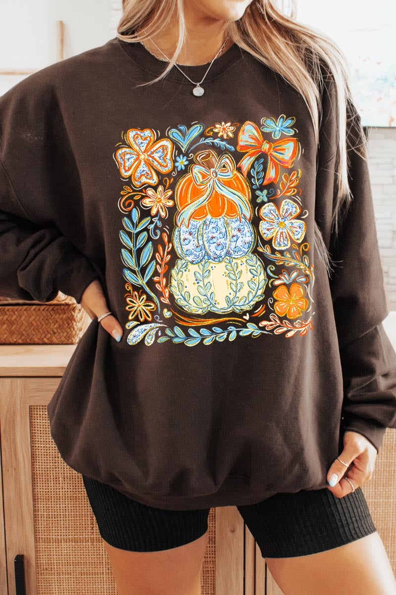 UL180P-E3153 Floral Pumpkin Stack Graphic Plus Sweatshirt $25