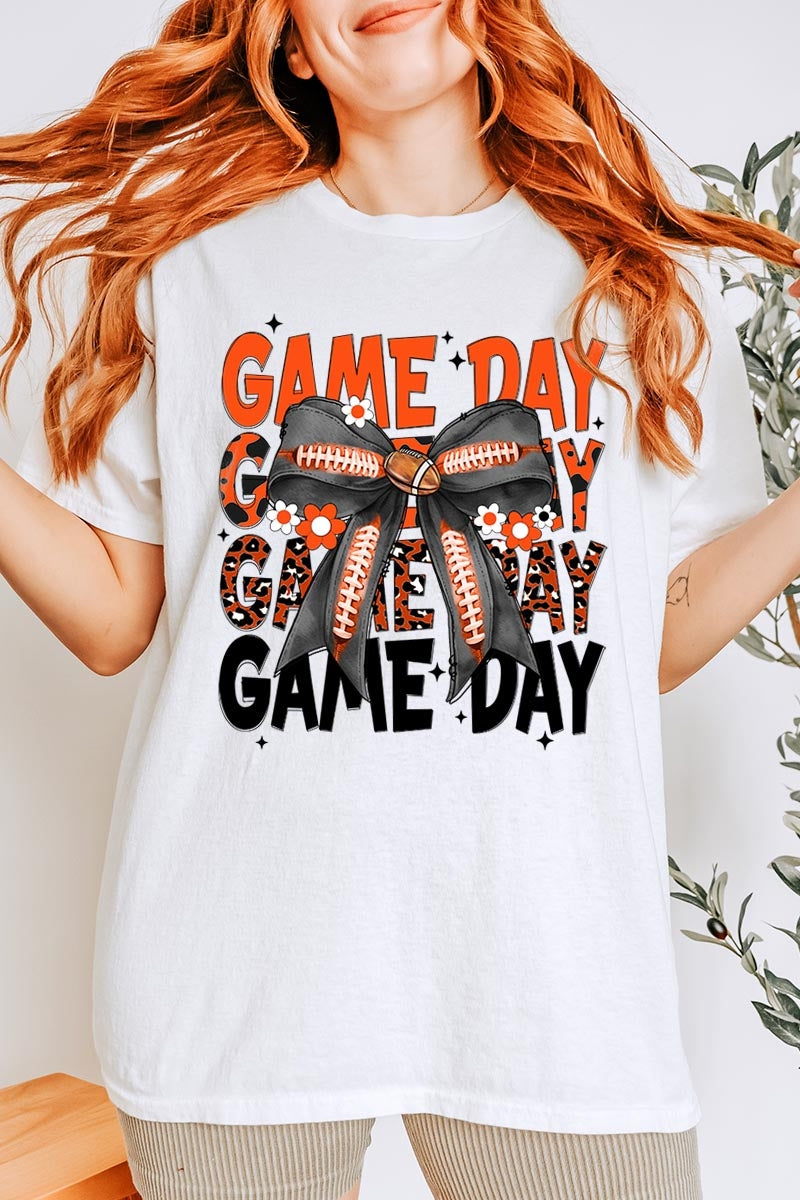 5000-E3088 Orange Black Football GameDay Bow Heavy Cotton Tee $9