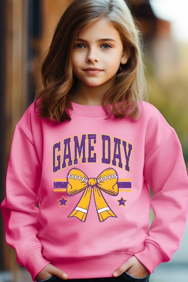UL180B-E3063Z Purple Game Day Football Bow Kids Sweatshirt $20