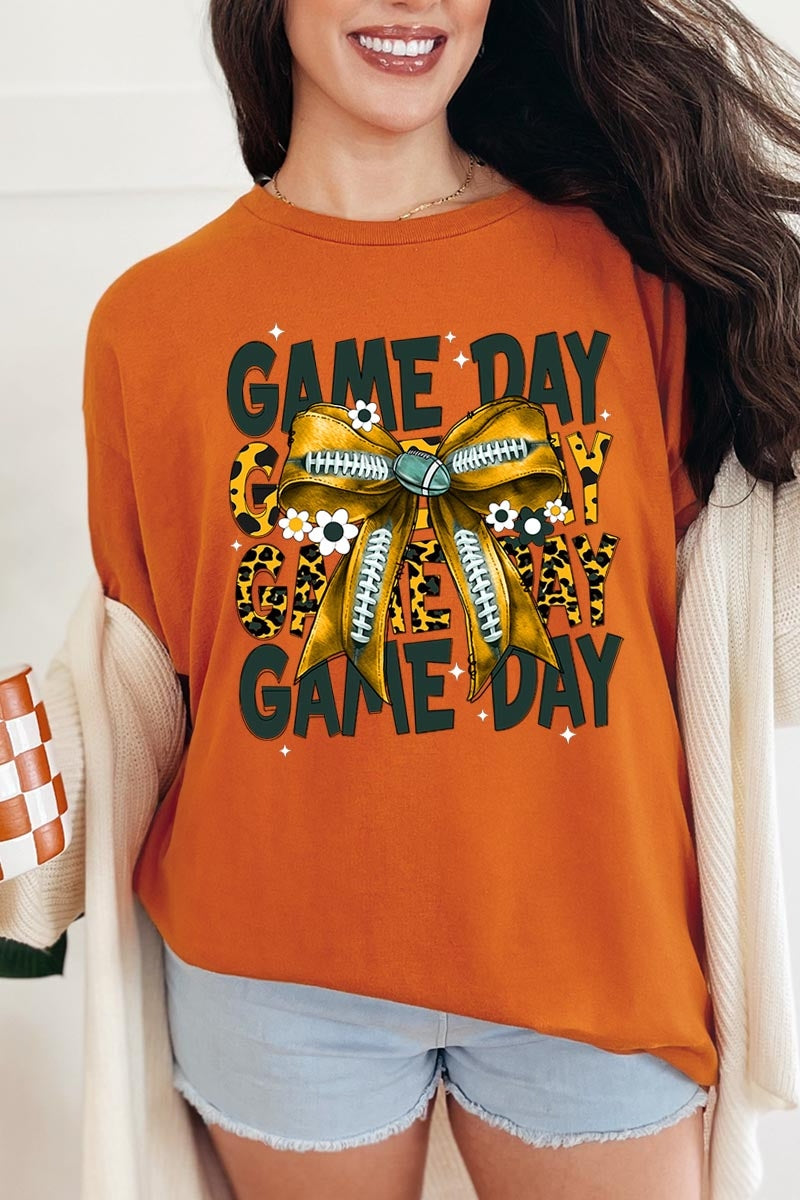 5000P-E3090 Yellow Football Game Day Bow Plus Heavy Cotton Tee $12.75