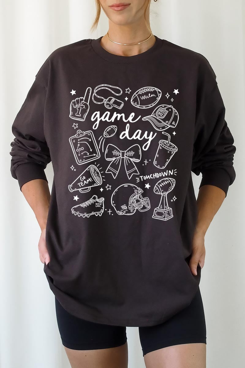 UL240-E3081 Football Doodles Graphic Long Sleeve Tee $13.75