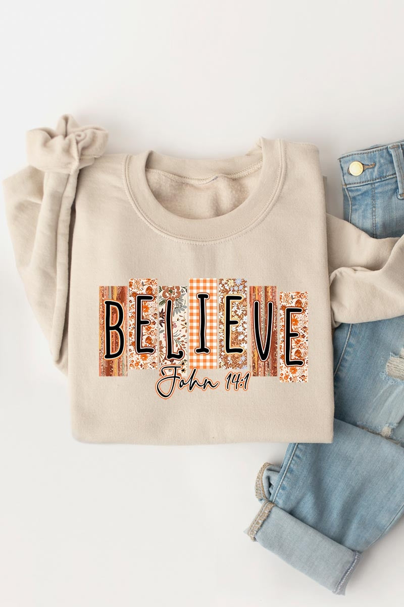 UL180P-E3167 Believe Fall Christian Graphic Plus Sweatshirt $25