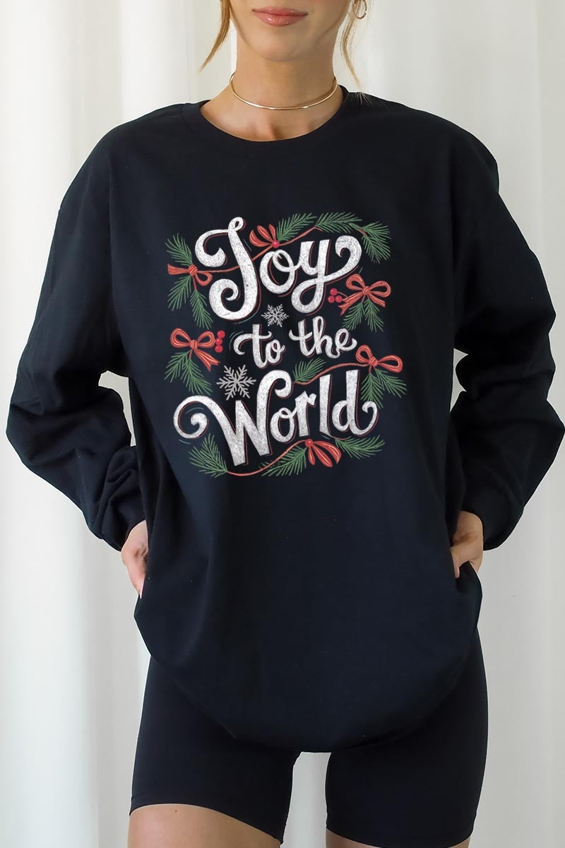UL240-E3221 Joy to the World Christmas Graphic Long Sleeve Tee $13.75