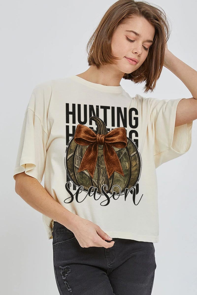 CTS-E3190 Hunting Pumpkin Bow Graphic Relaxed Crop Top $11