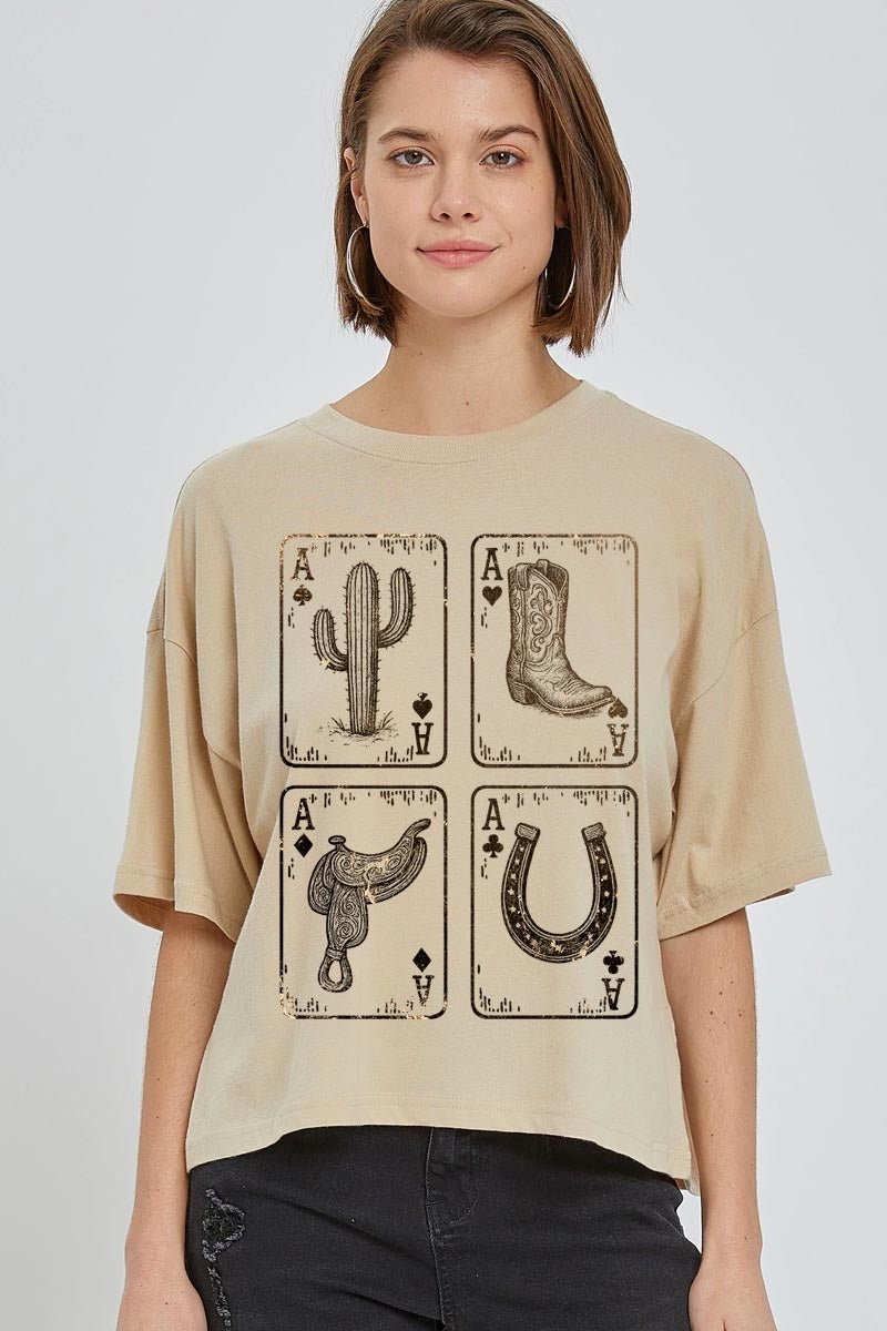 CTS-E3094 Western Cowgirl Card Graphic Relaxed Crop Top $11