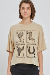CTS-E3094 Western Cowgirl Card Graphic Relaxed Crop Top $11
