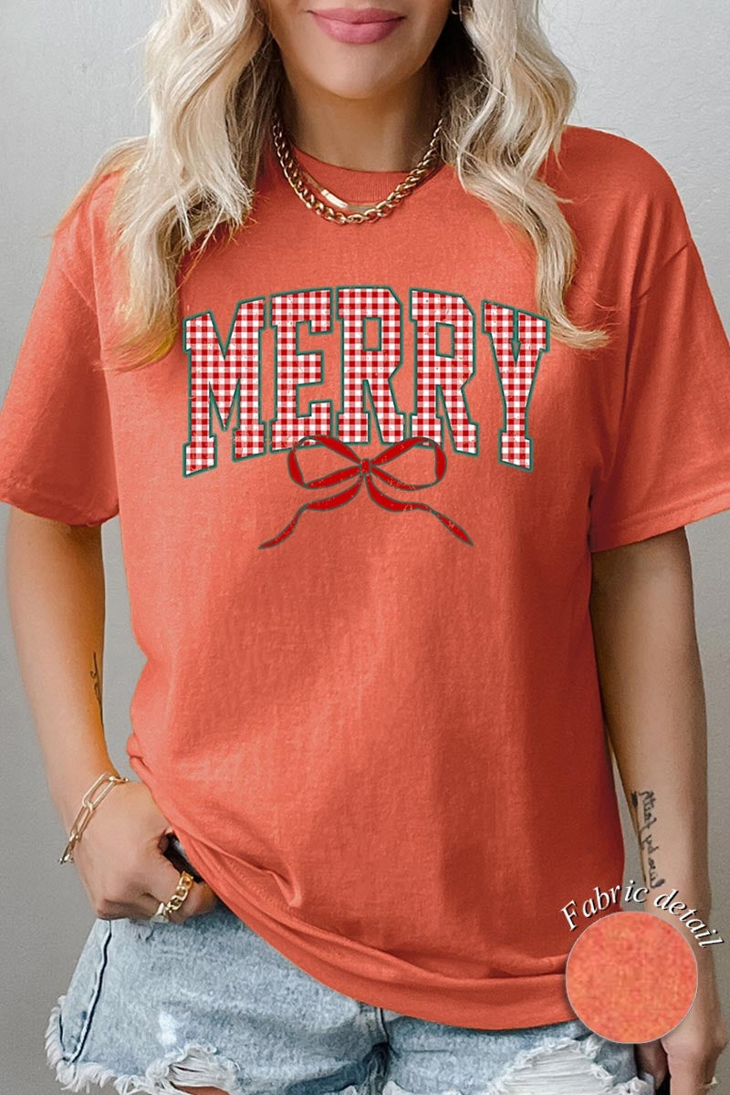 5000P-E3206 Plaid Merry Christmas Bow Graphic Plus Heavy Cotton Tee $12.75