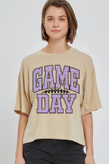 CTS-E3127 Purple Gingham Game Day Graphic Relaxed Crop Top $11