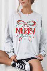 UL240-E3197 Merry Christmas Bow Graphic Long Sleeve Tee $13.75