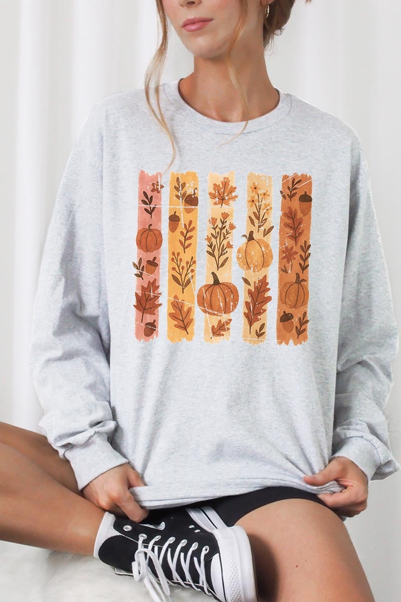 UL240P-E3110 Brushstroke Boho Fall Graphic Plus Long Sleeve Tee $17