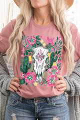 US3001P-E3086 Western Floral Cow Skull Graphic Plus Tee $16