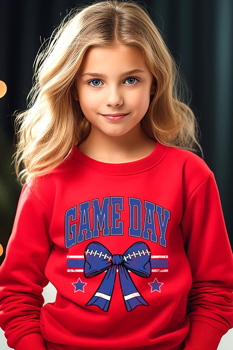UL180B-E3065Z Blue Game Day Football Bow Kids Graphic Sweatshirt $20