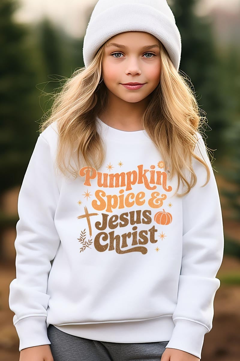 UL180B-E3164Z Pumpkin Spice & Jesus Kids Graphic Sweatshirt $20
