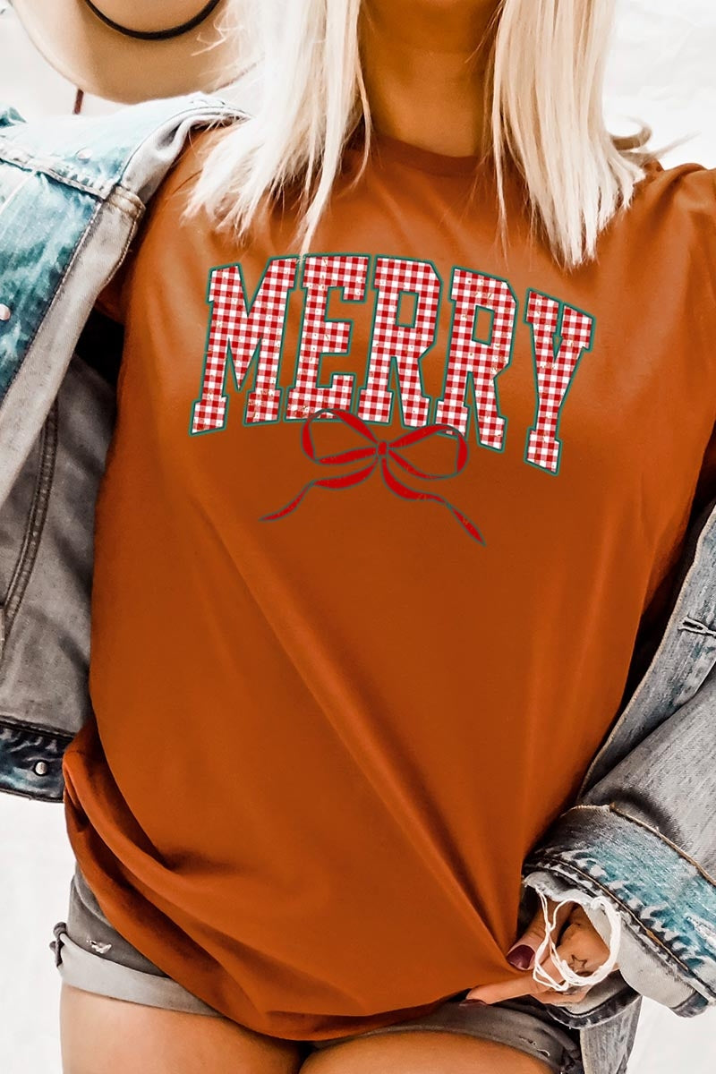 US3001P-E3206 Plaid Merry Christmas Bow Graphic Plus Tee $16