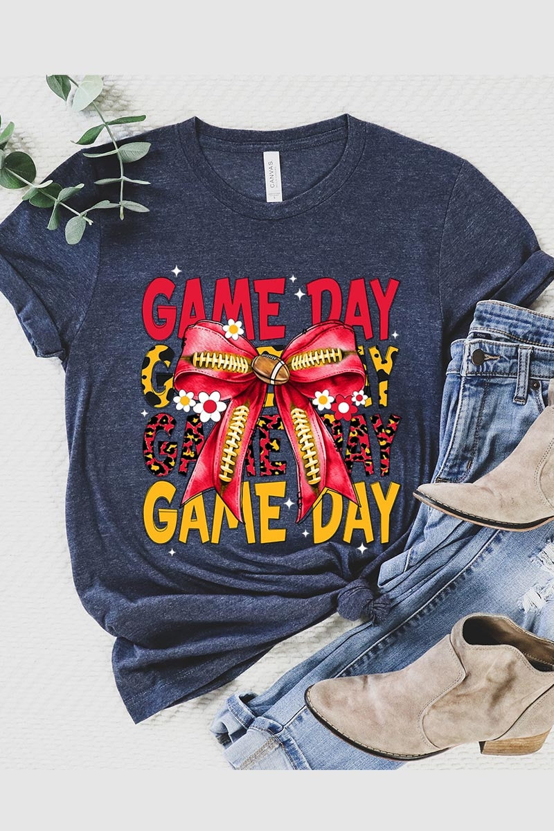 US3001-E3091 Red Yellow Football Game Day Bow Graphic Tee $12.5