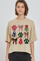 CTS-E3195 Christmas Bow Paw Graphic Relaxed Crop Top $11