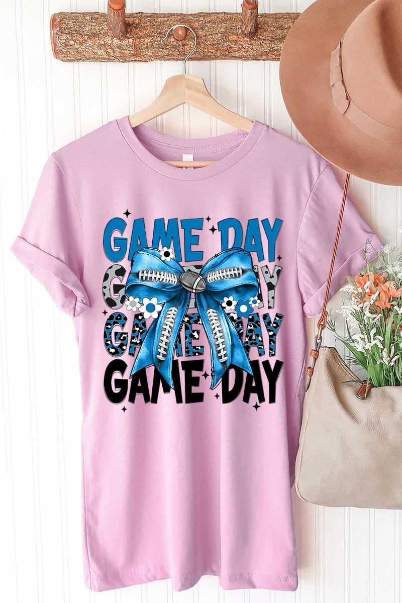 US3001-E3089 Blue Silver Football Game Day Bow Graphic Tee $12.5