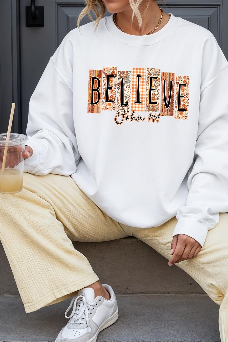 UL180P-E3167 Believe Fall Christian Graphic Plus Sweatshirt $25