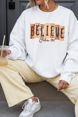 UL180P-E3167 Believe Fall Christian Graphic Plus Sweatshirt $25