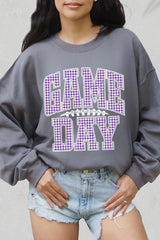UL180P-E3127 Purple Gingham Game Day Graphic Plus Sweatshirt $25