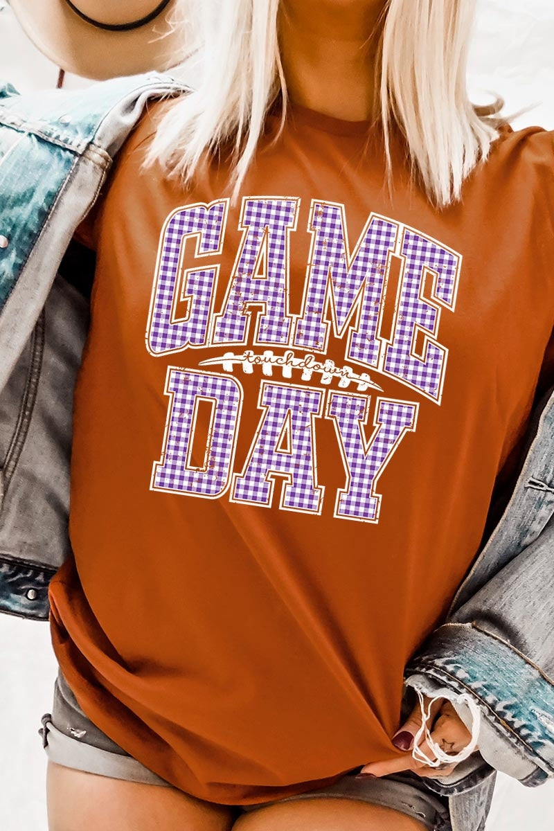 US3001P-E3127 Purple Gingham Game Day Graphic Plus Tee $16