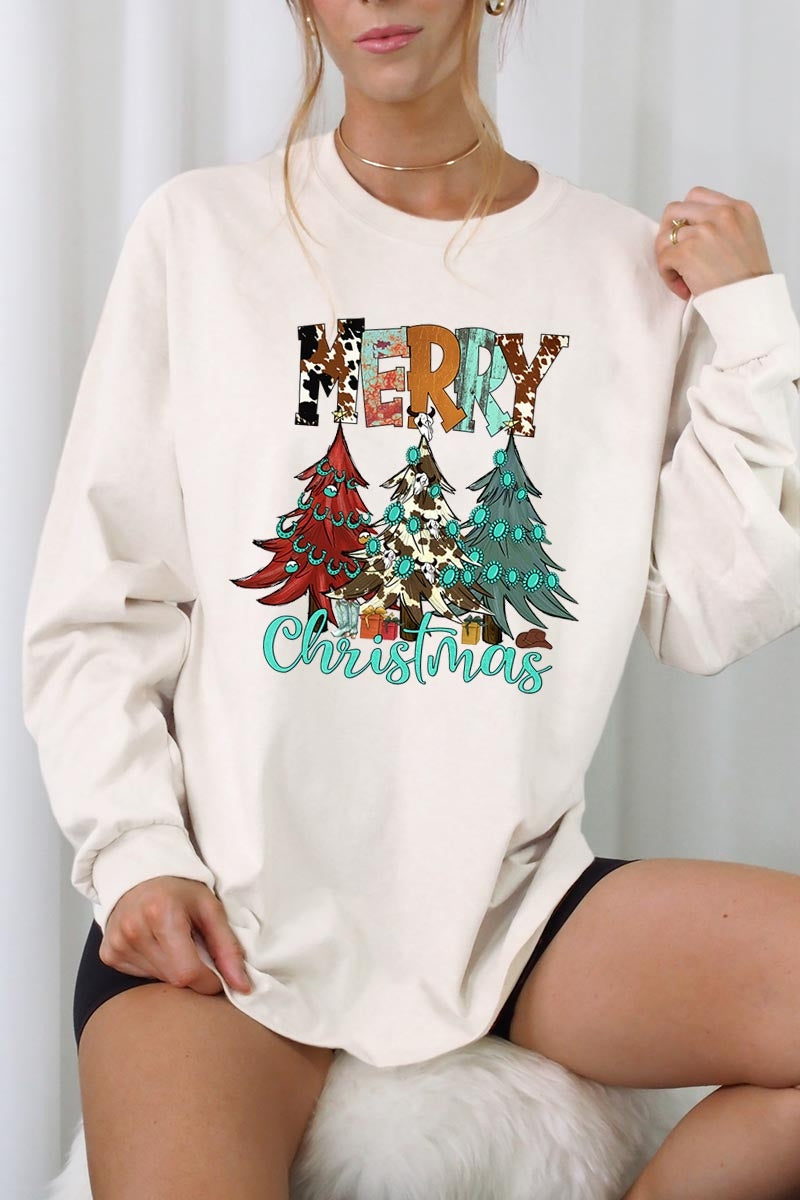 UL240P-E3200 Merry Christmas Trees Graphic Plus Long Sleeve Tee $17