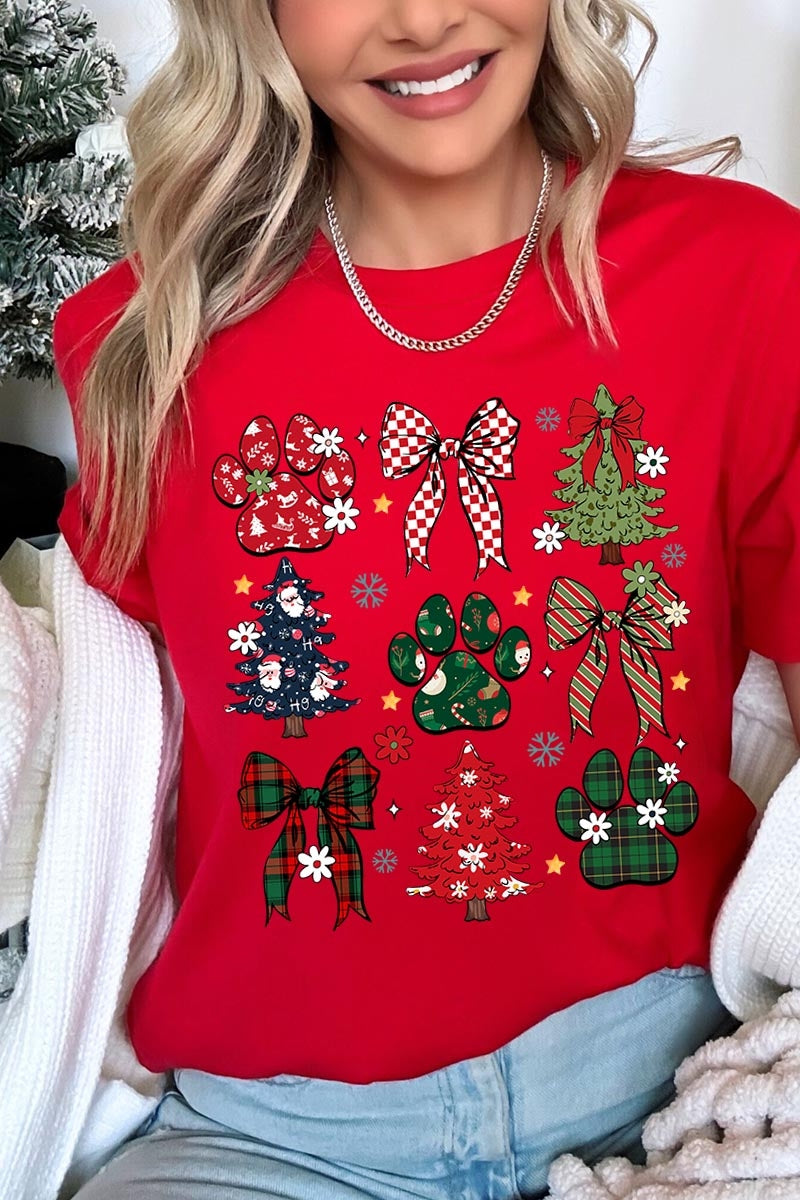 US3001-E3195 Christmas Bow Paw Graphic Tee $12.5