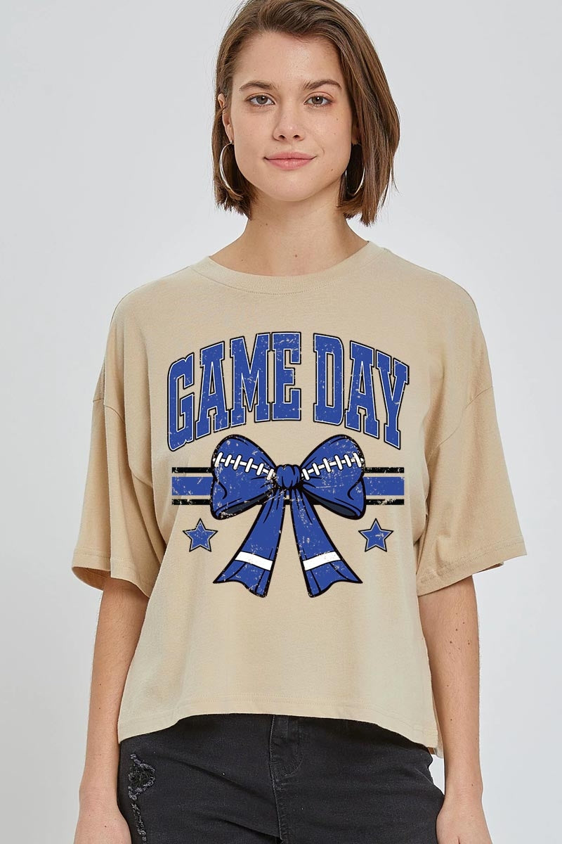CTS-E3065 Blue Game Day Football Bow Graphic Crop Top $11