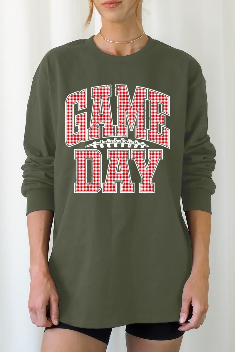 UL240-E3126 Red Gingham Game Day Graphic Long Sleeve Tee $13.75
