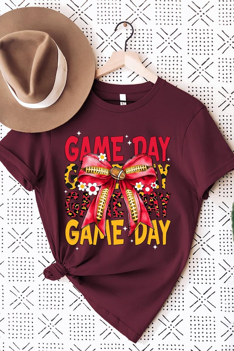 US3001P-E3091 Red Yellow Football Game Day Bow Graphic Plus Tee $16