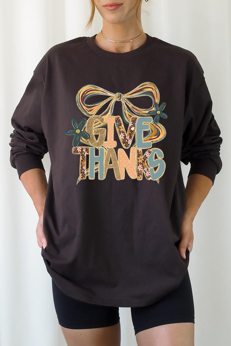 UL240P-E3154 Give Thanks Bow Graphic Plus Long Sleeve Tee $17