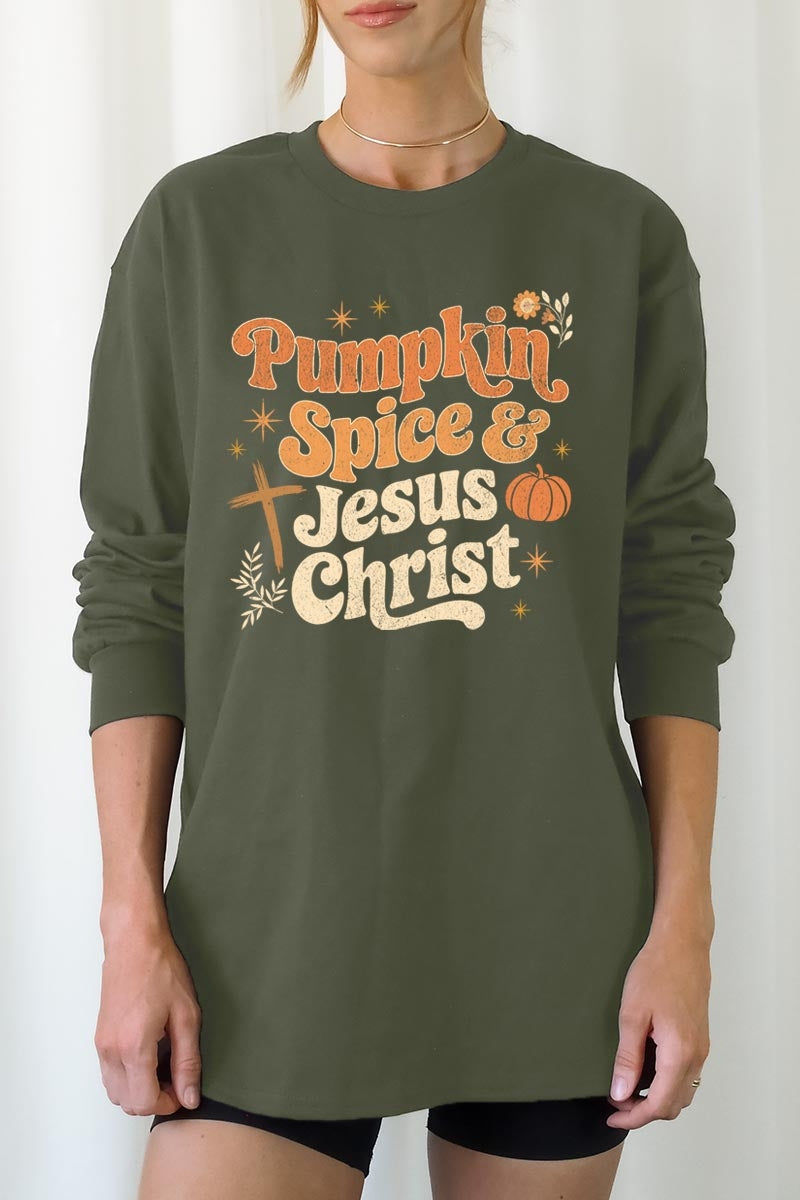 UL240-E3164 Pumpkin Spice & Jesus Graphic Long Sleeve Tee $13.75