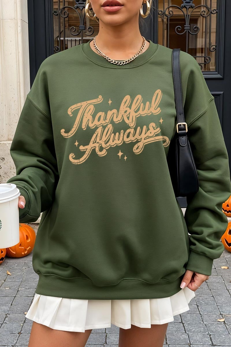 UL180P-E3168 Thankful Always Graphic Plus Sweatshirt $25