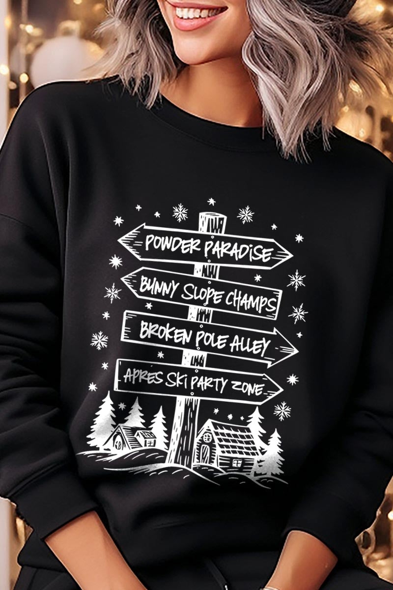 UL180P-E3189 Ski Lodge Signs Graphic Plus Sweatshirt $25