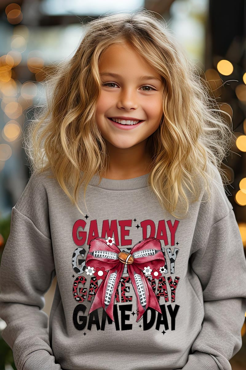 UL180B-E3093Z Red Silver Football Game Day Bow Kids Sweatshirt $20